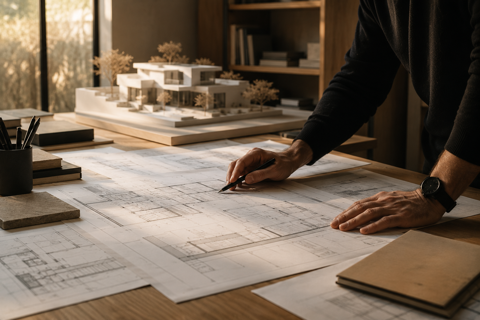 Arquitecto revisando planos de construcción