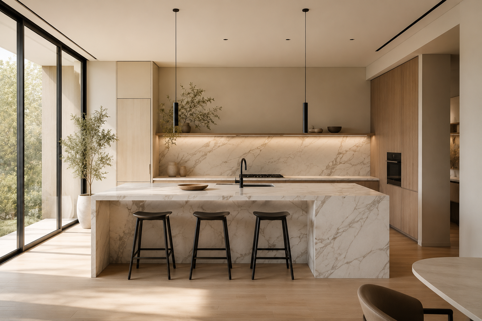 Cocina de diseño con isla de mármol y tecnología integrada